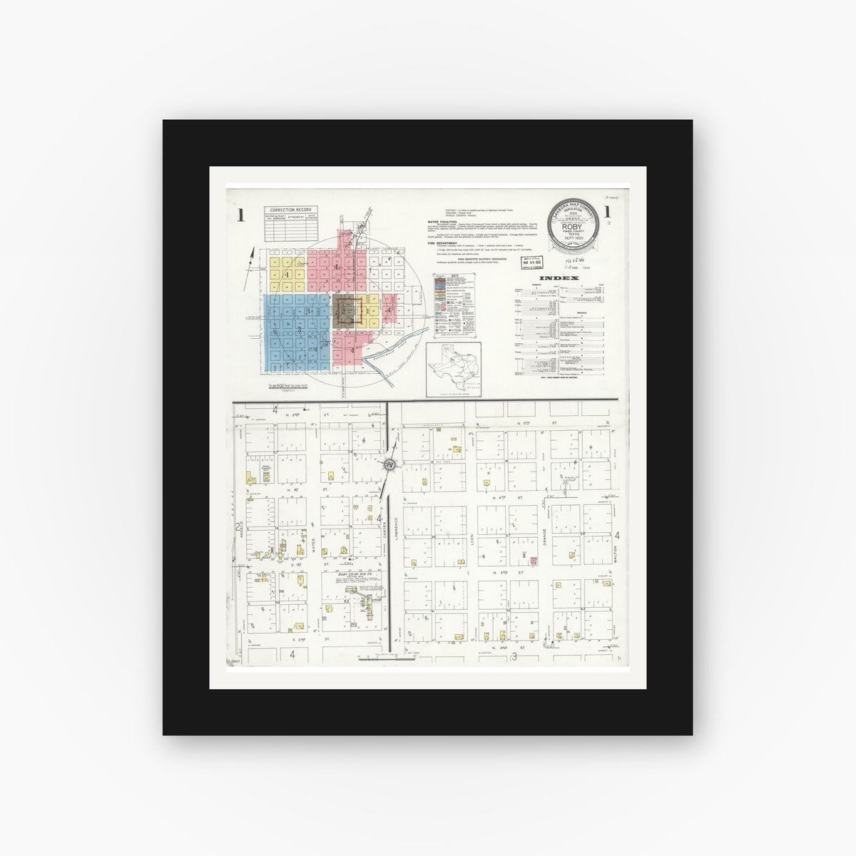 Old map wall art mockup — black gallery frame with white mat — Sanborn Fire Insurance Map from Roby, Fisher County, Texas (1935) - Complete Map Set