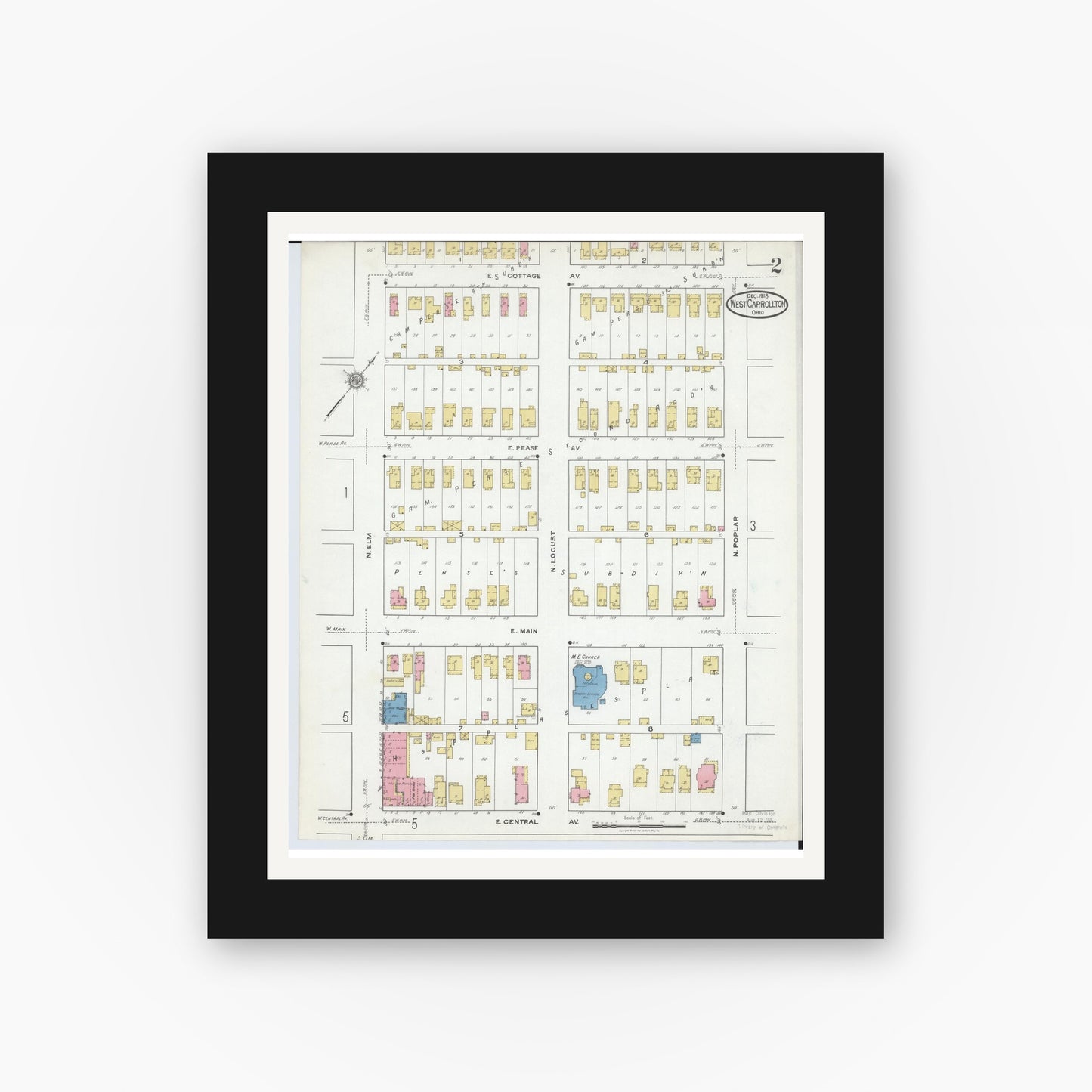 Old map wall art mockup — black gallery frame with white mat — Sanborn Fire Insurance Map from West Carrollton, Montgomery County, Ohio (1918), Sheet #0002