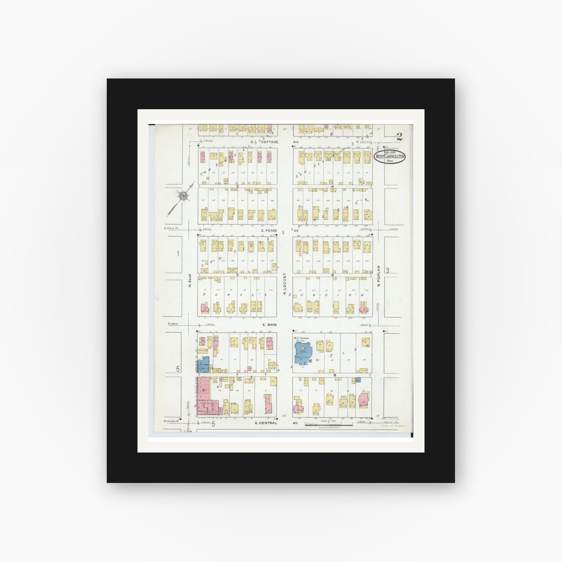 Old map wall art mockup — black gallery frame with white mat — Sanborn Fire Insurance Map from West Carrollton, Montgomery County, Ohio (1918), Sheet #0002