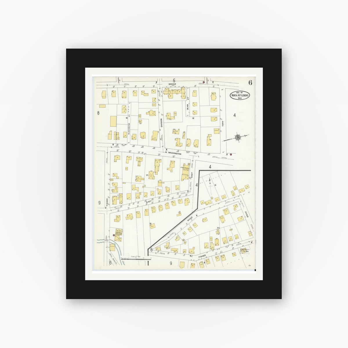 Old map wall art mockup — black gallery frame with white mat — Sanborn Fire Insurance Map from North Attleborough, Bristol County, Massachusetts (1911), Sheet #0006