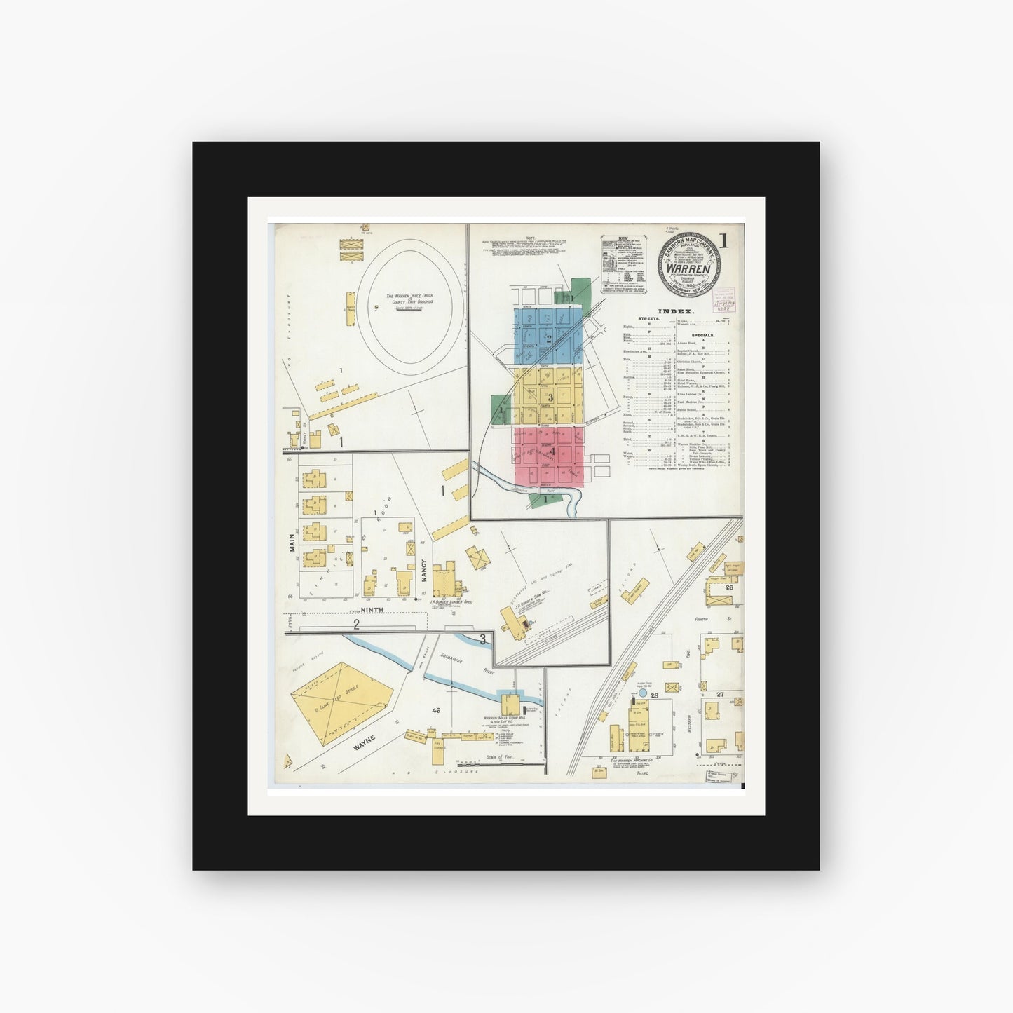 Old map wall art mockup — black gallery frame with white mat — Sanborn Fire Insurance Map from Warren, Huntington County, Indiana (1904) - Complete Map Set