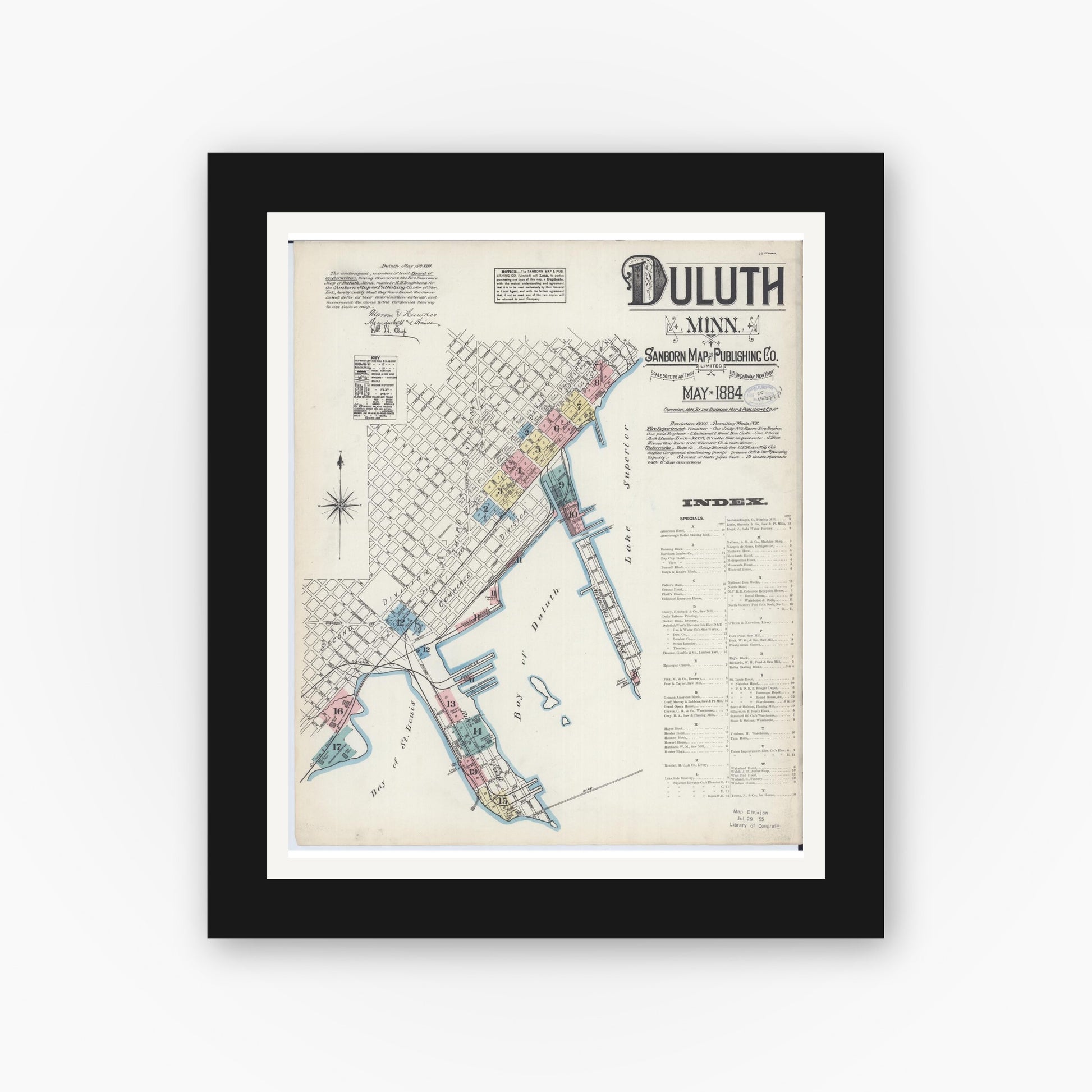 Old map wall art mockup — black gallery frame with white mat — Sanborn Fire Insurance Map from Duluth, Saint Louis County, Minnesota (1884), Sheet #0001