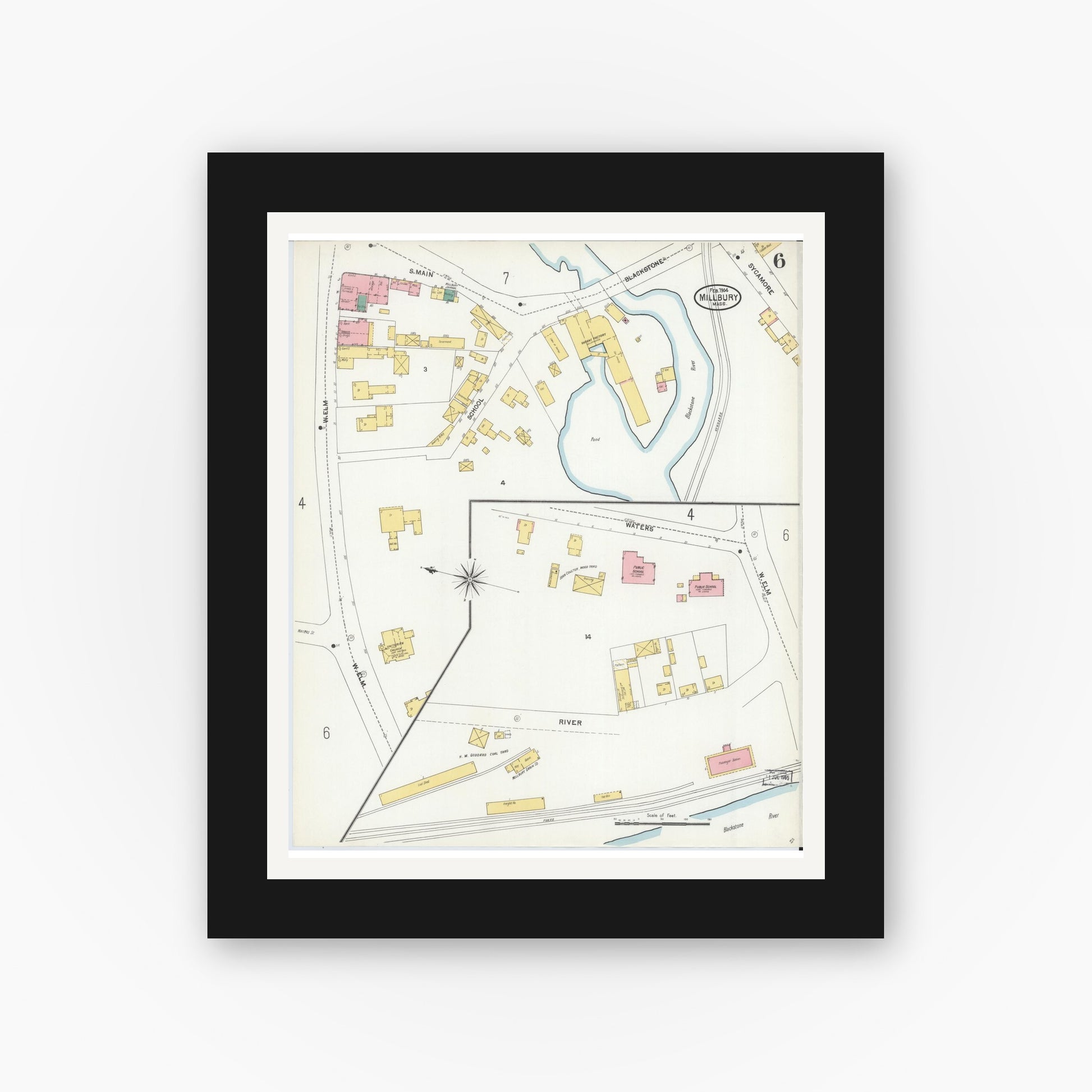 Old map wall art mockup — black gallery frame with white mat — Sanborn Fire Insurance Map from Millbury, Worcester County, Massachusetts (1904), Sheet #0006