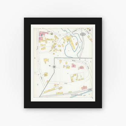 Old map wall art mockup — black gallery frame with white mat — Sanborn Fire Insurance Map from Millbury, Worcester County, Massachusetts (1904), Sheet #0006