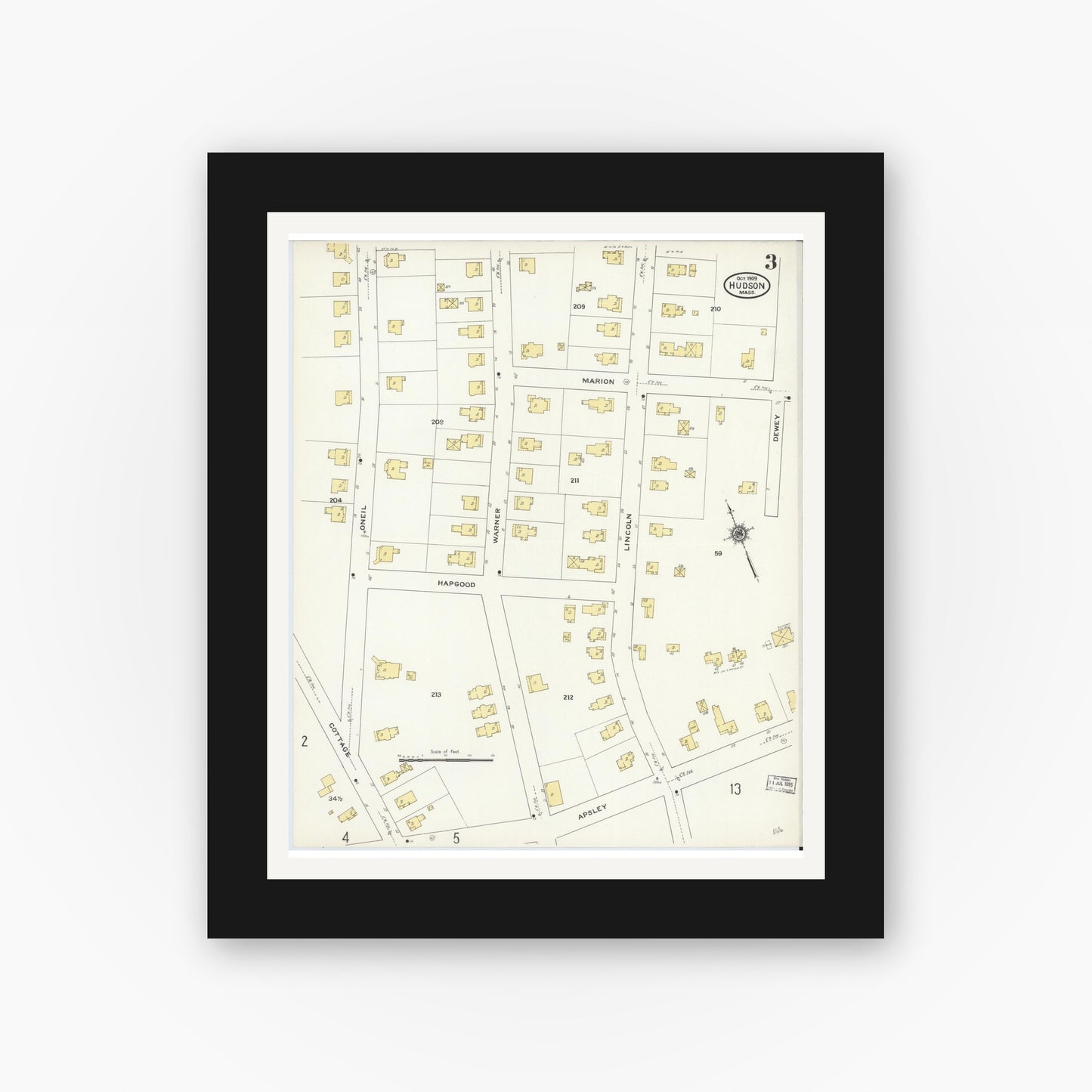 Old map wall art mockup — black gallery frame with white mat — Sanborn Fire Insurance Map from Hudson, Middlesex County, Massachusetts (1909), Sheet #0003