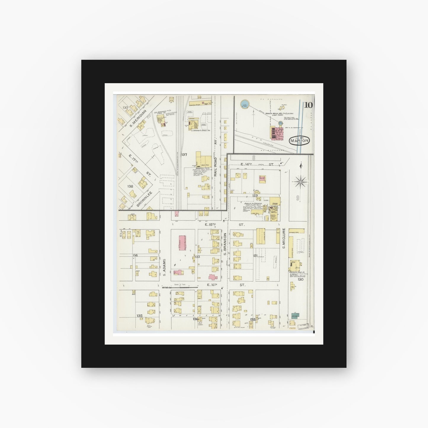 Old map wall art mockup — black gallery frame with white mat — Sanborn Fire Insurance Map from Marion, Grant County, Indiana (1893), Sheet #0010