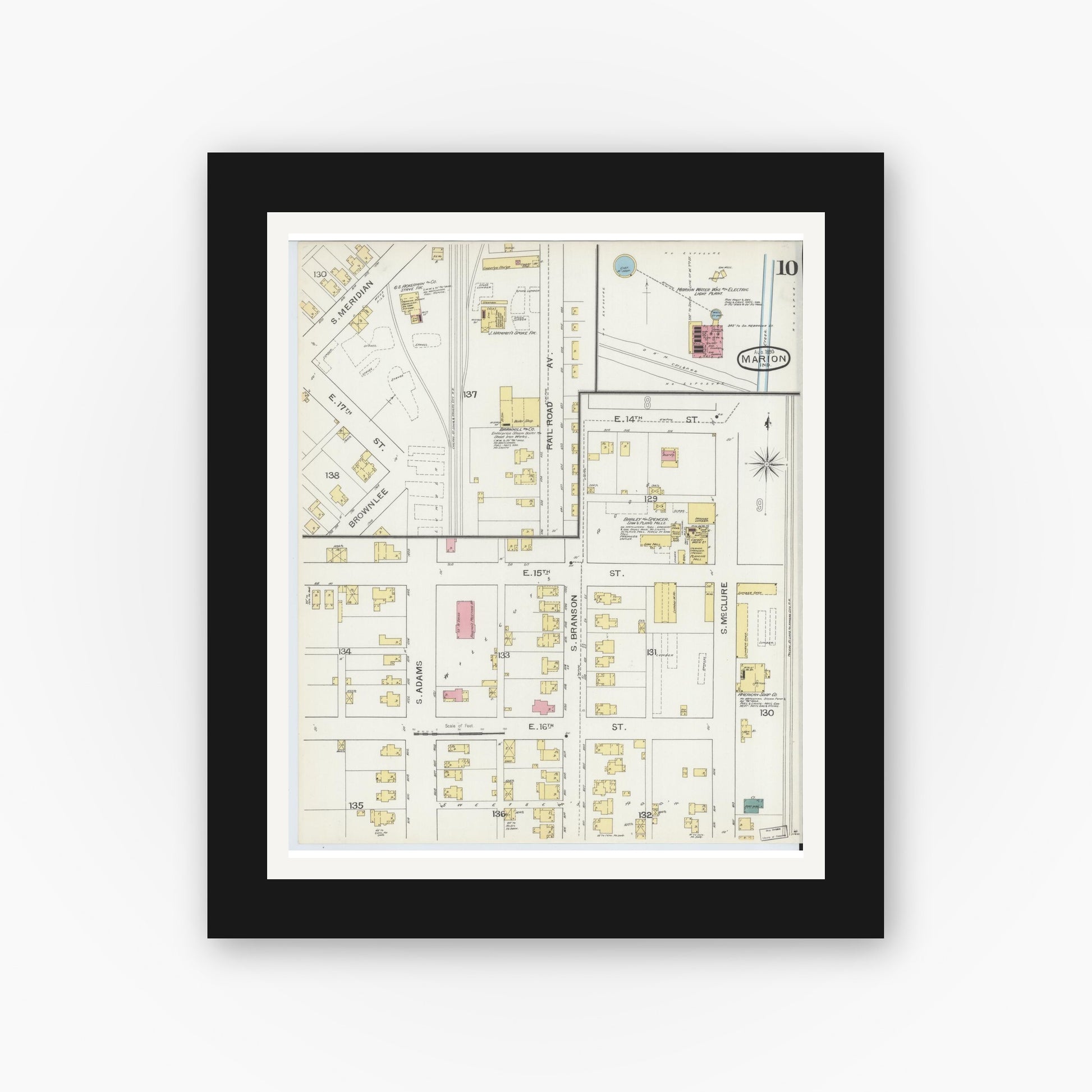 Old map wall art mockup — black gallery frame with white mat — Sanborn Fire Insurance Map from Marion, Grant County, Indiana (1893), Sheet #0010