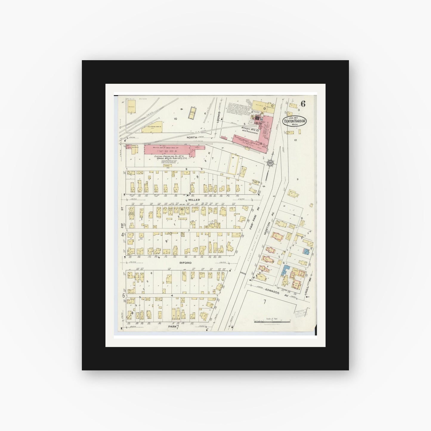 Old map wall art mockup — black gallery frame with white mat — Sanborn Fire Insurance Map from Benton Harbor, Berrien County, Michigan (1917), Sheet #0006