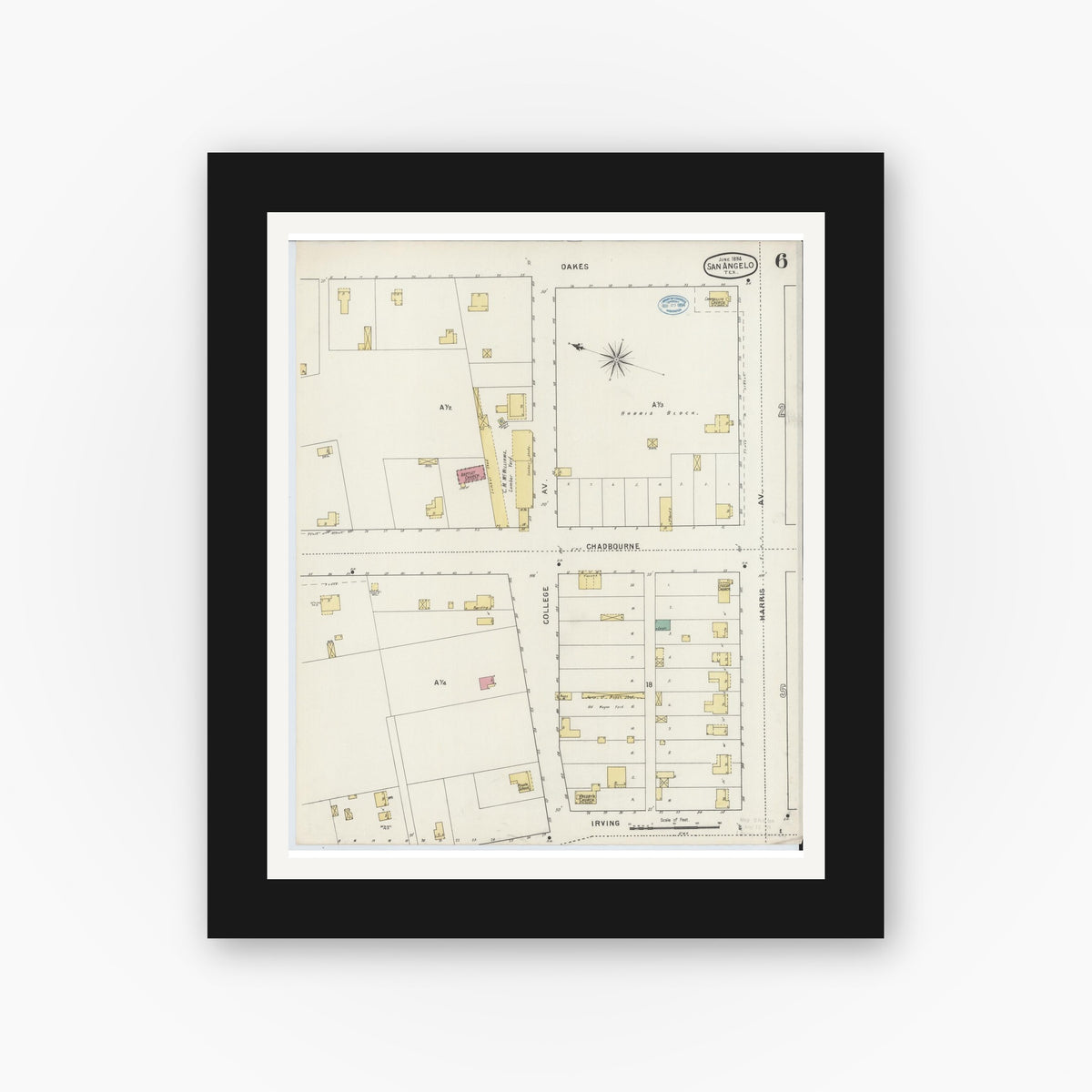 Old map wall art mockup — black gallery frame with white mat — Sanborn Fire Insurance Map from San Angelo, Tom Green County, Texas (1894), Sheet #0006