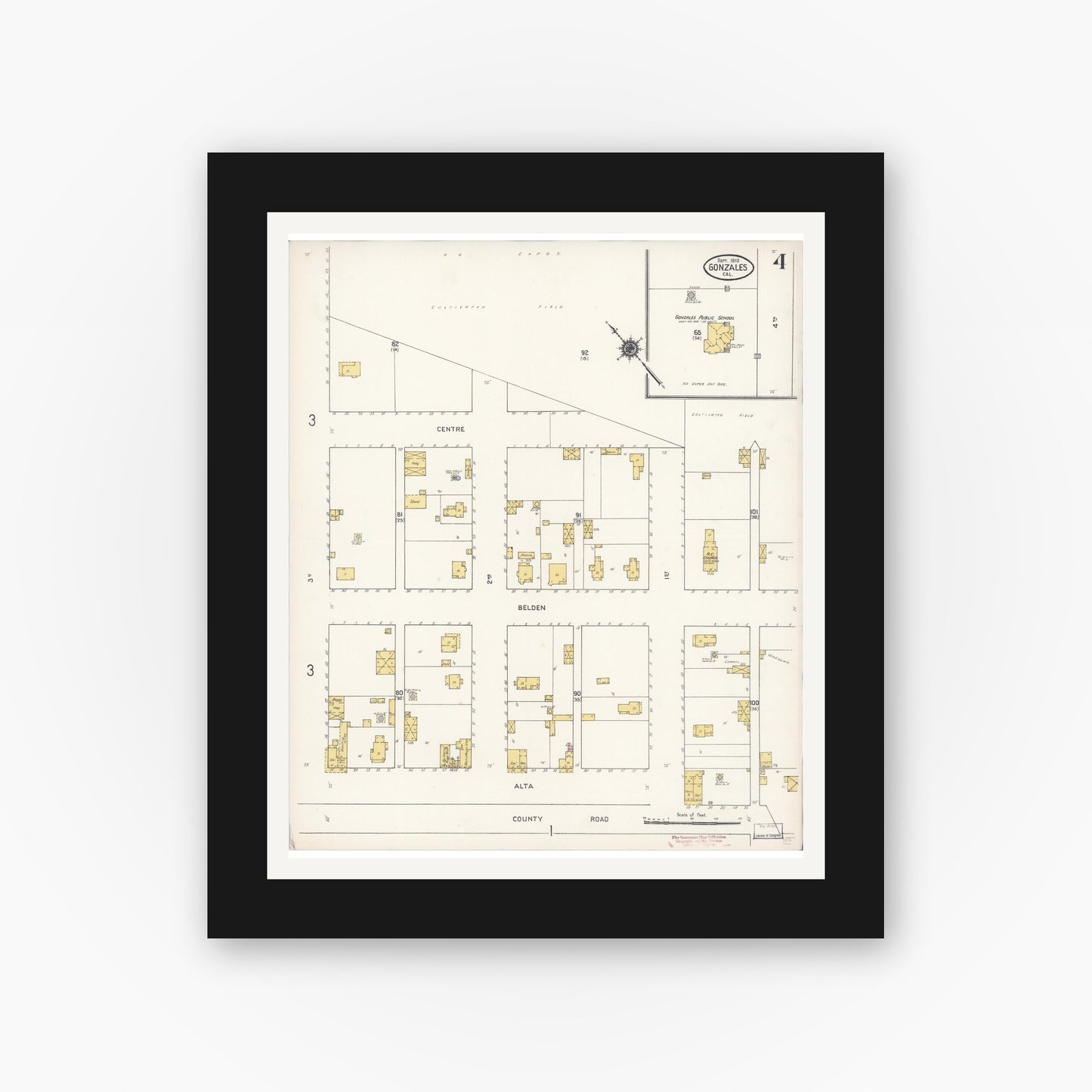 Old map wall art mockup — black gallery frame with white mat — Sanborn Fire Insurance Map from Gonzales, Monterey County, California (1910), Sheet #0004