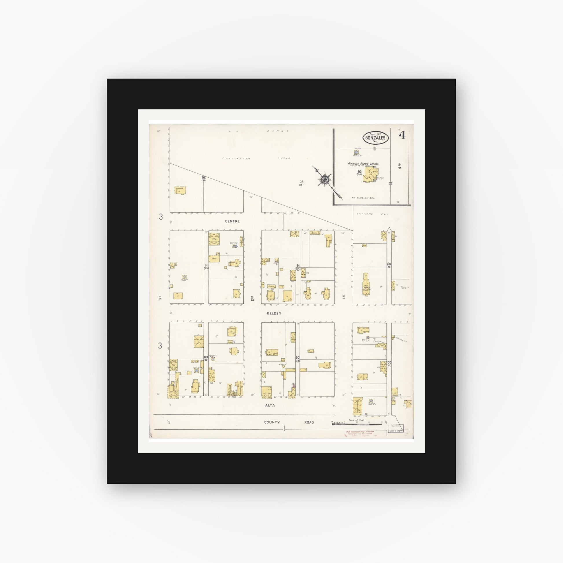 Old map wall art mockup — black gallery frame with white mat — Sanborn Fire Insurance Map from Gonzales, Monterey County, California (1910), Sheet #0004