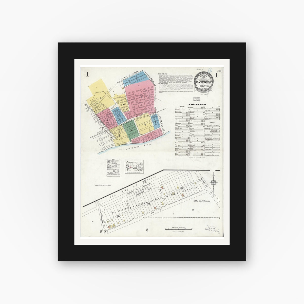 Old map wall art mockup — black gallery frame with white mat — Sanborn Fire Insurance Map from Brackenridge, Allegheny County, Pennsylvania (1924), Sheet #0001