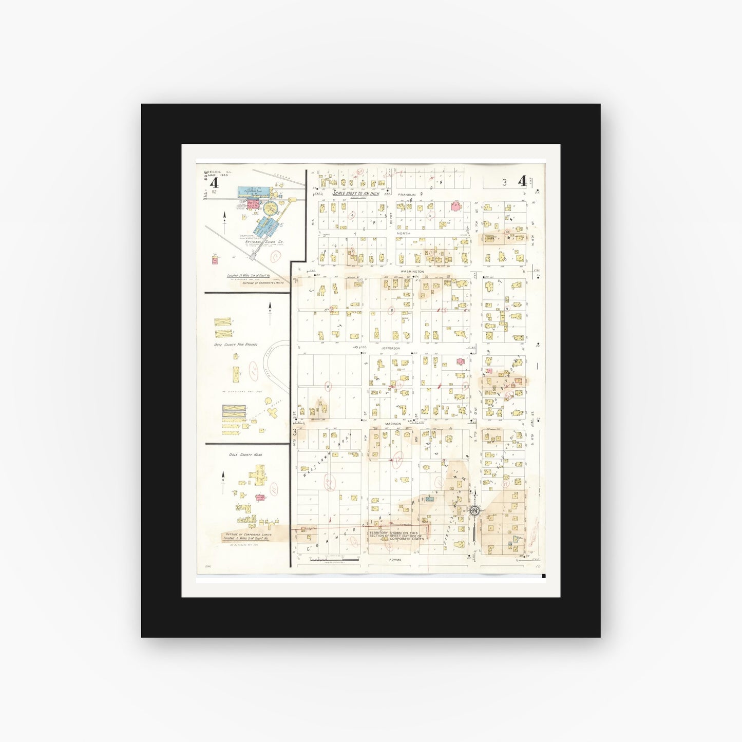 Old map wall art mockup — black gallery frame with white mat — Sanborn Fire Insurance Map from Oregon, Ogle County, Illinois (1943), Sheet #0004