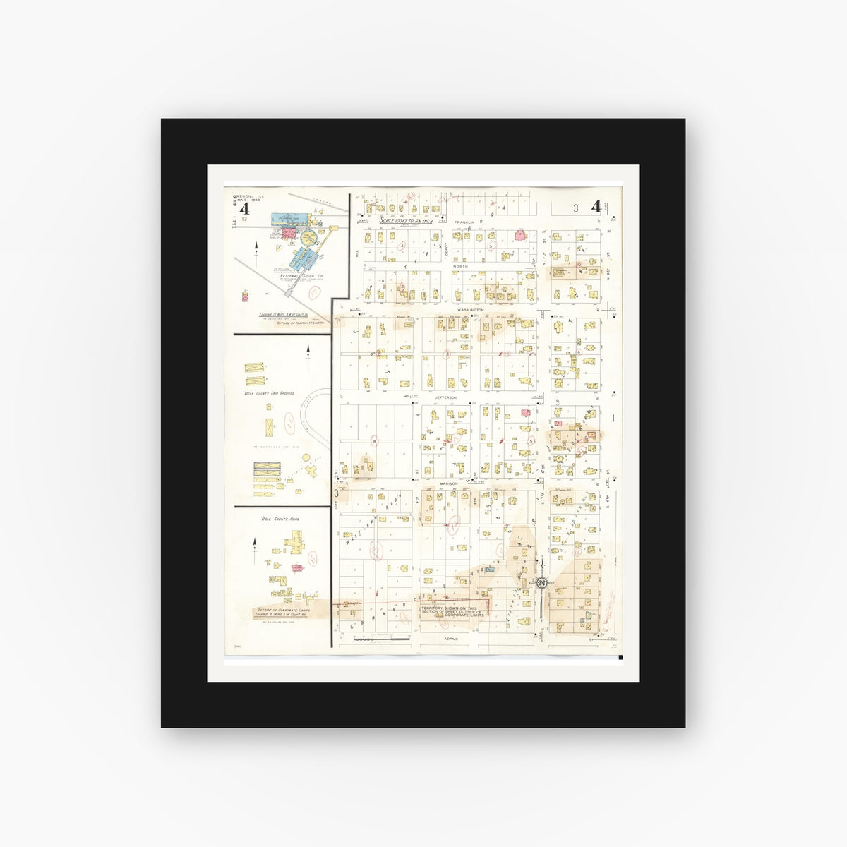 Old map wall art mockup — black gallery frame with white mat — Sanborn Fire Insurance Map from Oregon, Ogle County, Illinois (1943), Sheet #0004