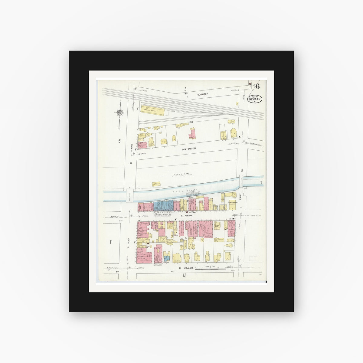 Old map wall art mockup — black gallery frame with white mat — Sanborn Fire Insurance Map from Newark, Wayne County, New York (1912), Sheet #0006