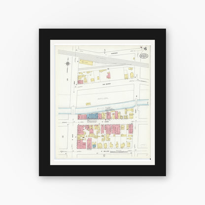 Old map wall art mockup — black gallery frame with white mat — Sanborn Fire Insurance Map from Newark, Wayne County, New York (1912), Sheet #0006