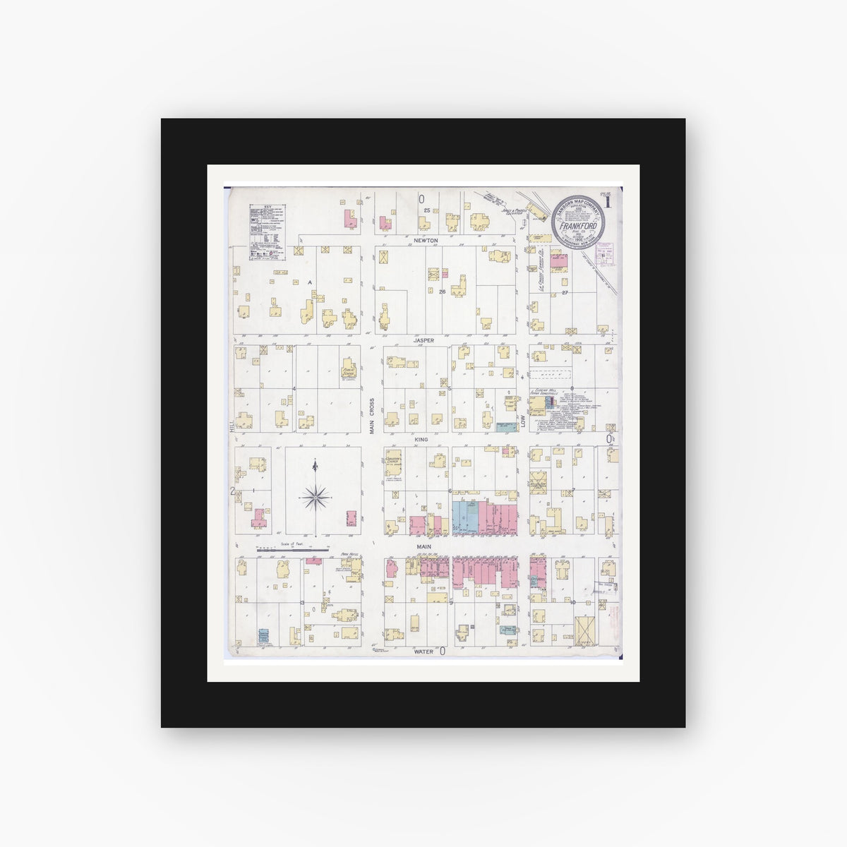 Old map wall art mockup — black gallery frame with white mat — Sanborn Fire Insurance Map from Frankford, Pike County, Missouri (1902) - Complete Map Set