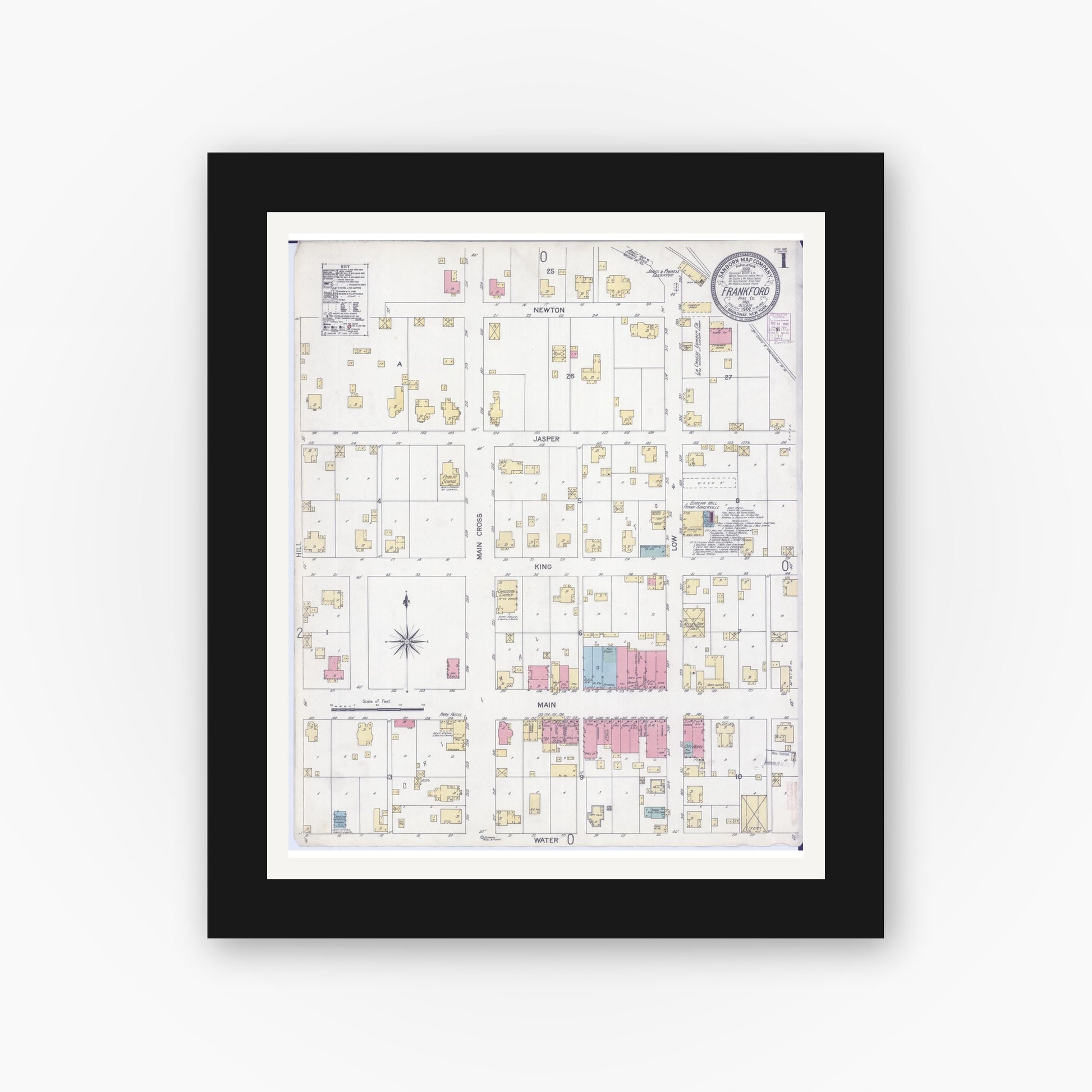 Old map wall art mockup — black gallery frame with white mat — Sanborn Fire Insurance Map from Frankford, Pike County, Missouri (1902) - Complete Map Set