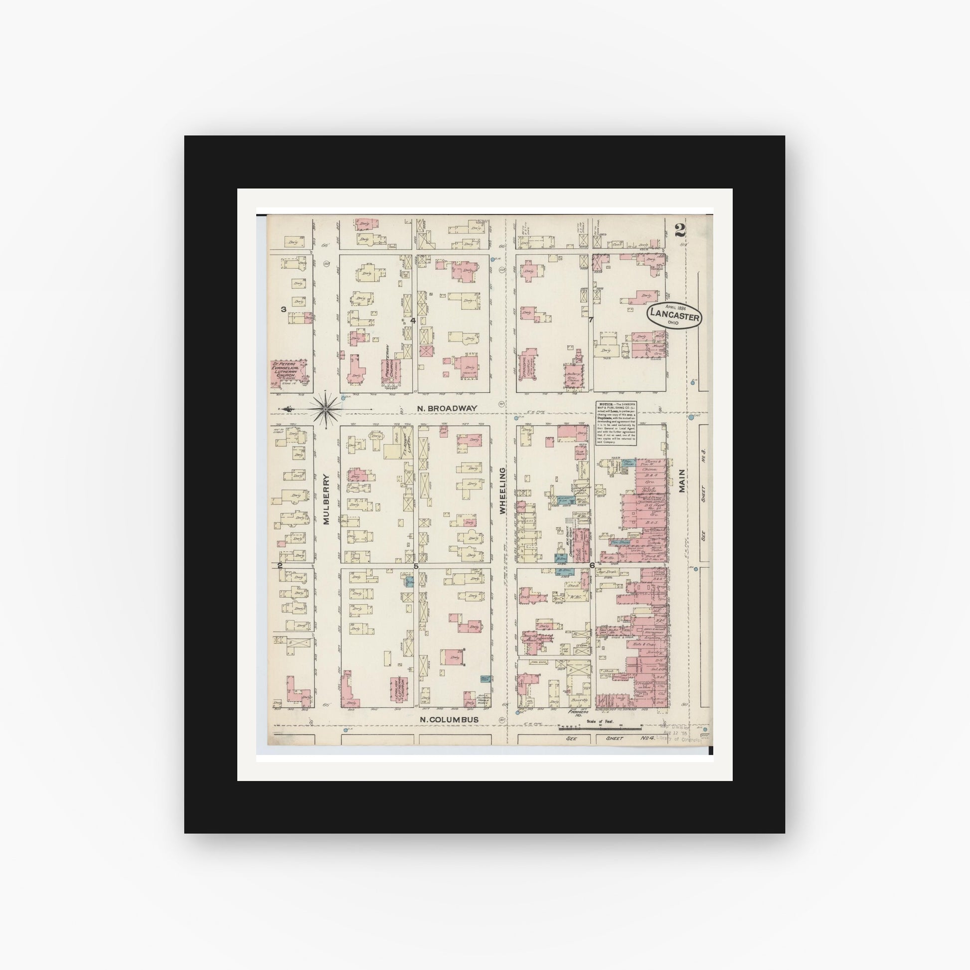 Old map wall art mockup — black gallery frame with white mat — Sanborn Fire Insurance Map from Lancaster, Fairfield County, Ohio (1884), Sheet #0002