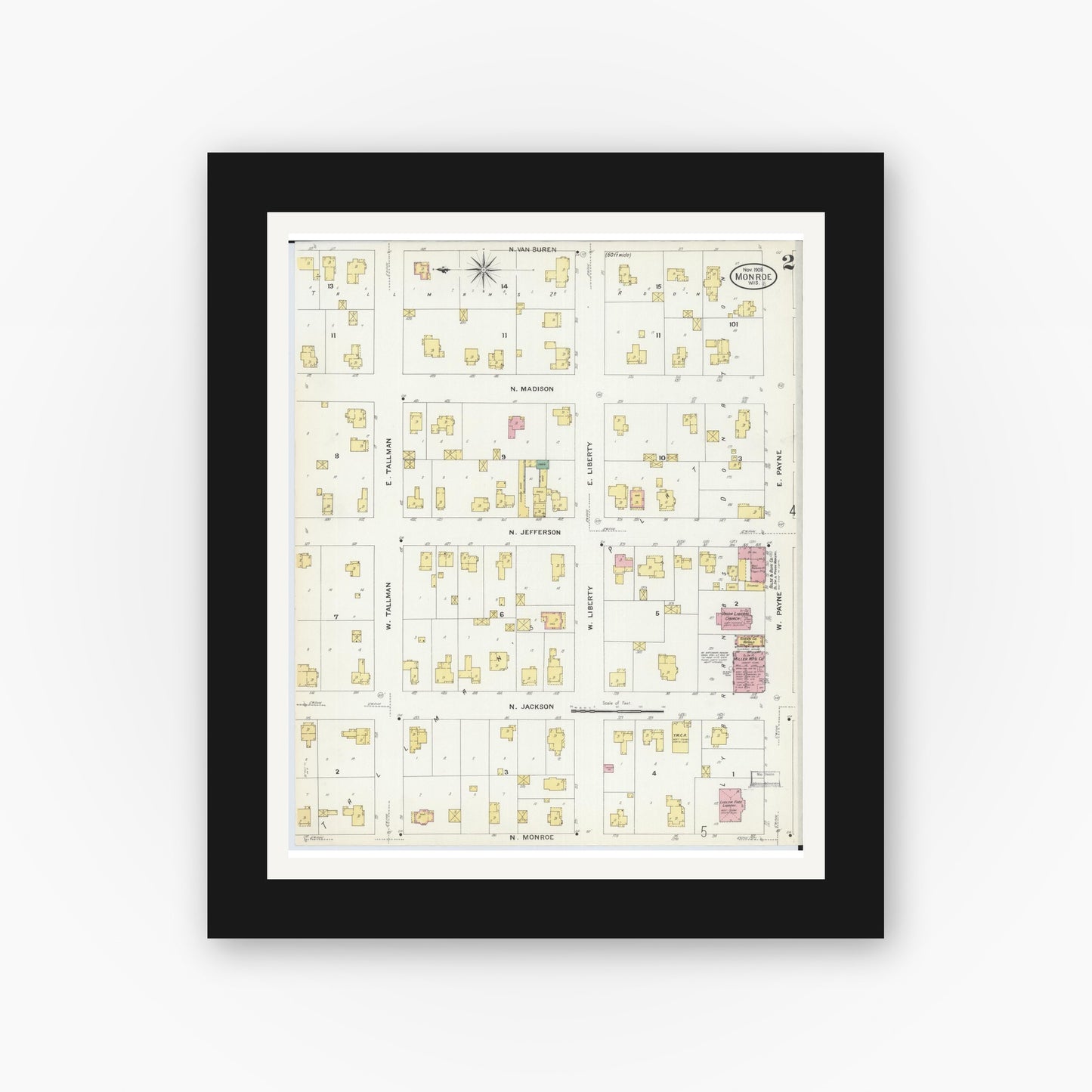Old map wall art mockup — black gallery frame with white mat — Sanborn Fire Insurance Map from Monroe, Green County, Wisconsin (1908), Sheet #0002