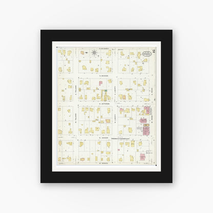 Old map wall art mockup — black gallery frame with white mat — Sanborn Fire Insurance Map from Monroe, Green County, Wisconsin (1908), Sheet #0002