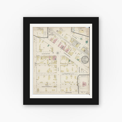 Old map wall art mockup — black gallery frame with white mat — Sanborn Fire Insurance Map from Worthington, Greene County, Indiana (1886), Sheet #0001