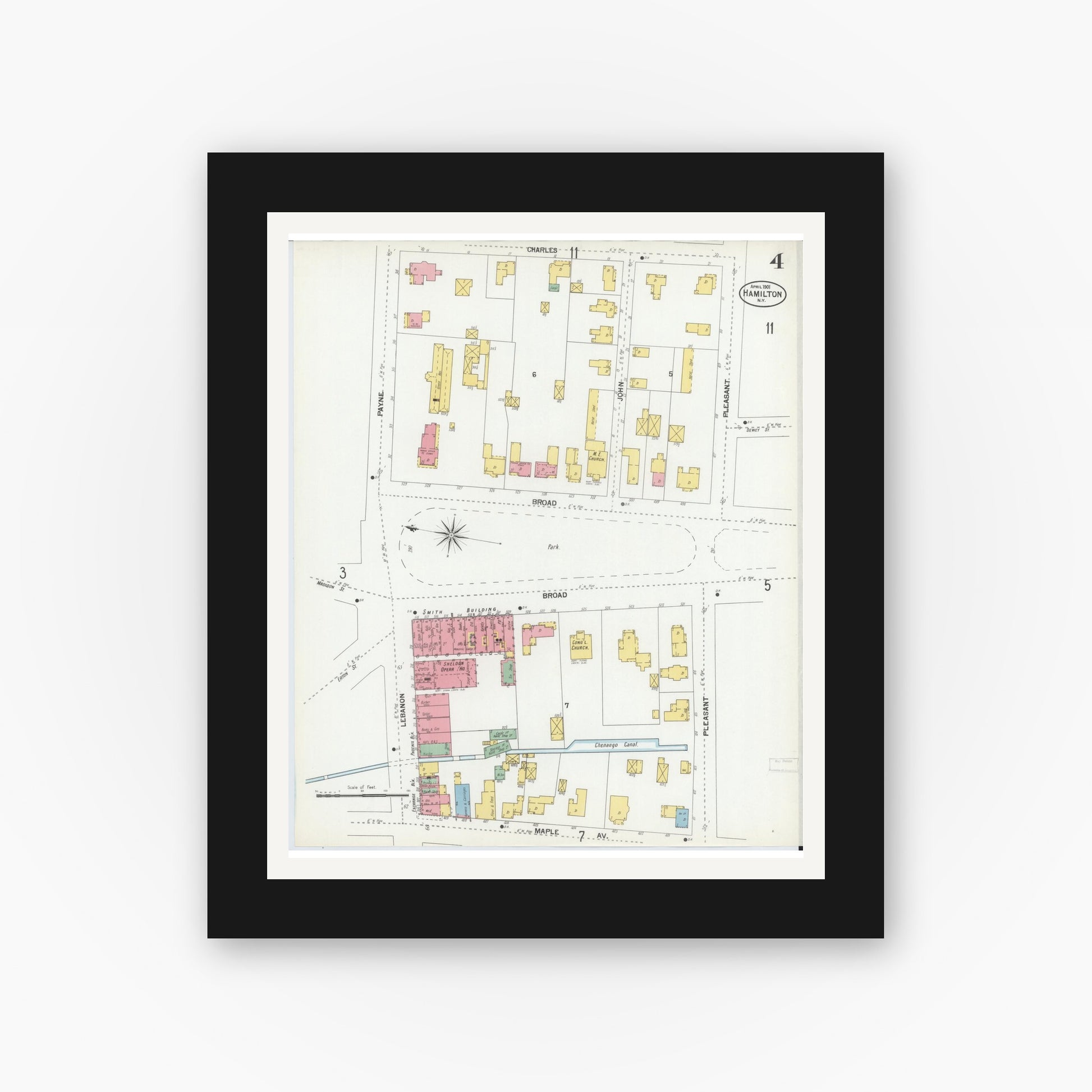 Old map wall art mockup — black gallery frame with white mat — Sanborn Fire Insurance Map from Hamilton, Madison County, New York (1901), Sheet #0004