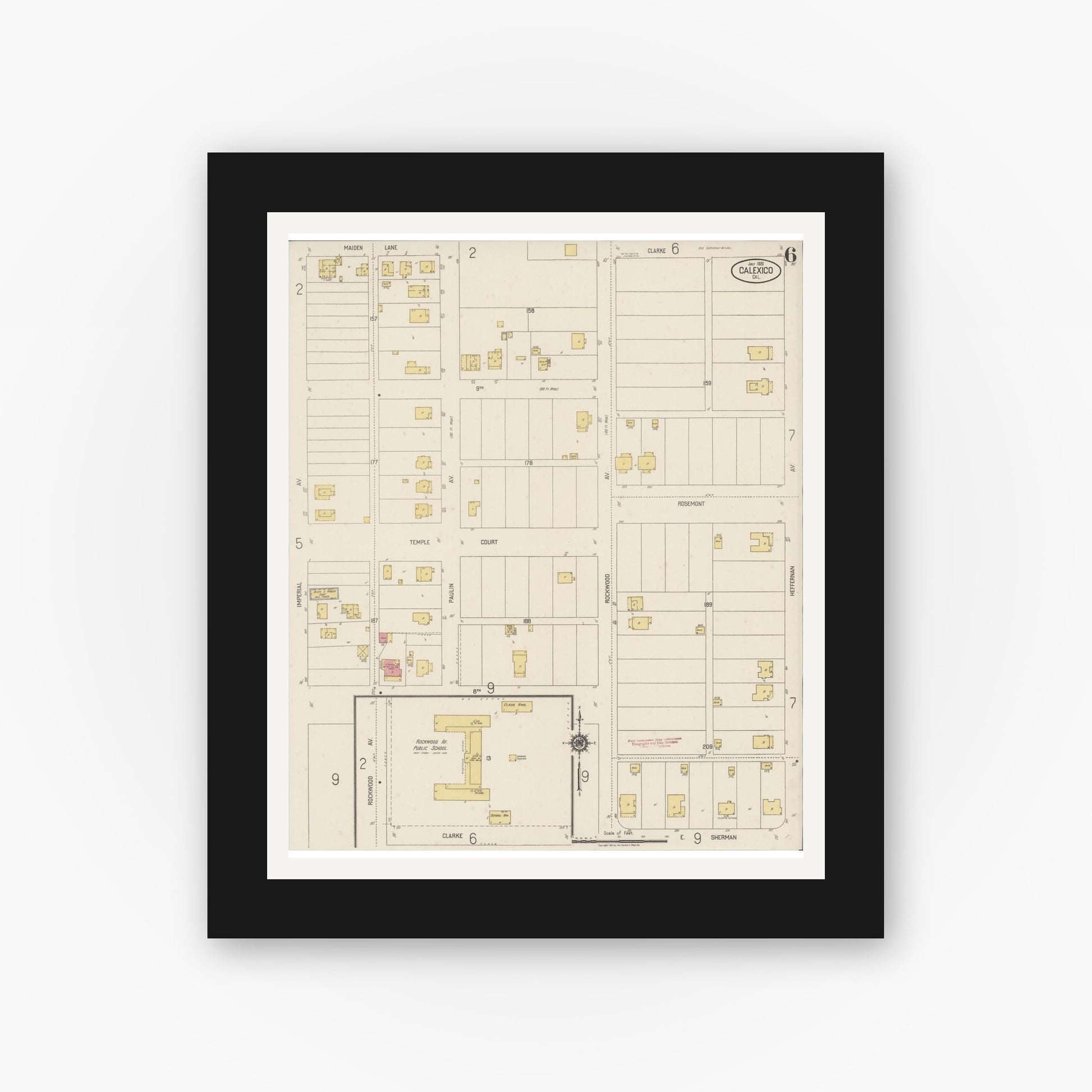 Old map wall art mockup — black gallery frame with white mat — Sanborn Fire Insurance Map from Calexico, Imperial County, California (1920), Sheet #0006