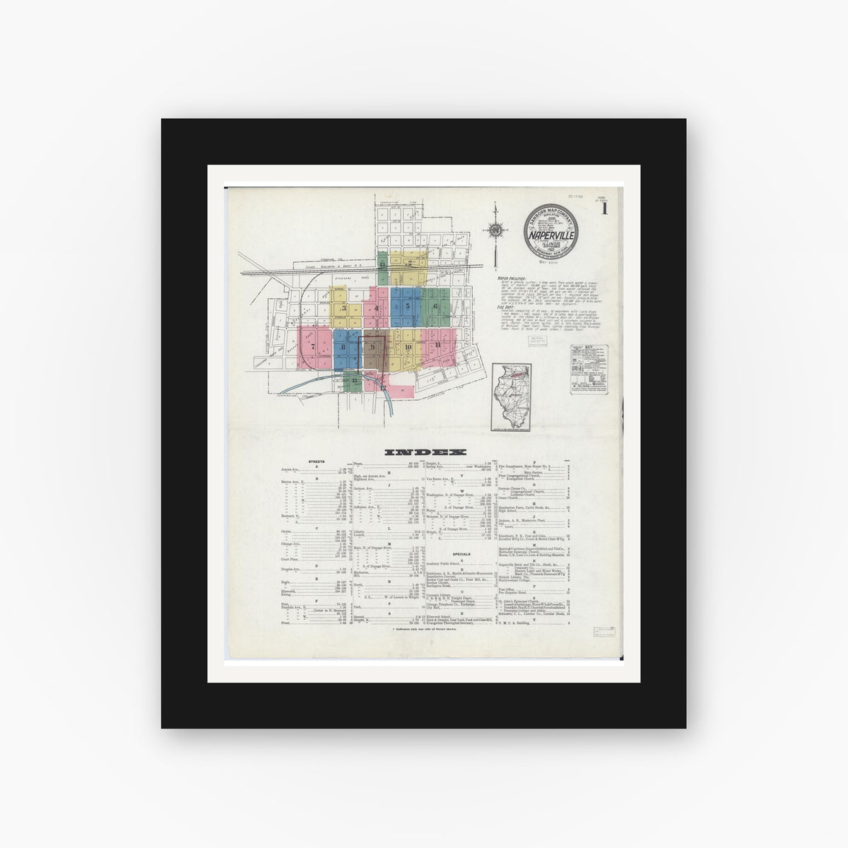 Old map wall art mockup — black gallery frame with white mat — Sanborn Fire Insurance Map from Naperville, Du Page County, Illinois (1921) - Complete Map Set