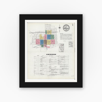 Old map wall art mockup — black gallery frame with white mat — Sanborn Fire Insurance Map from Naperville, Du Page County, Illinois (1921) - Complete Map Set