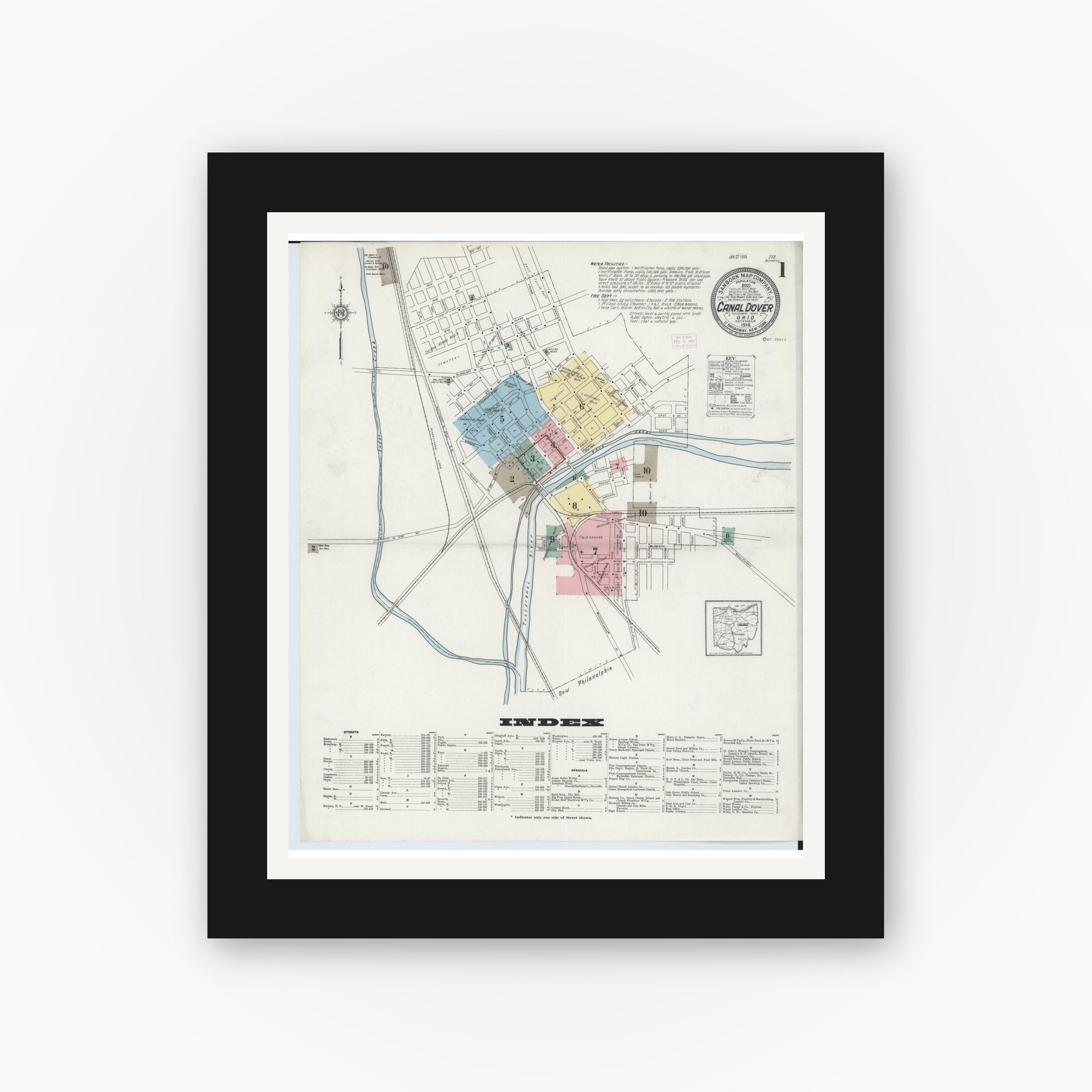 Old map wall art mockup — black gallery frame with white mat — Sanborn Fire Insurance Map from Canal Dover, Tuscarawas County, Ohio (1914), Sheet #0001