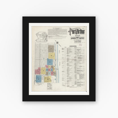 Old map wall art mockup — black gallery frame with white mat — Sanborn Fire Insurance Map from Port Arthur, Jefferson County, Texas (1915) - Complete Map Set