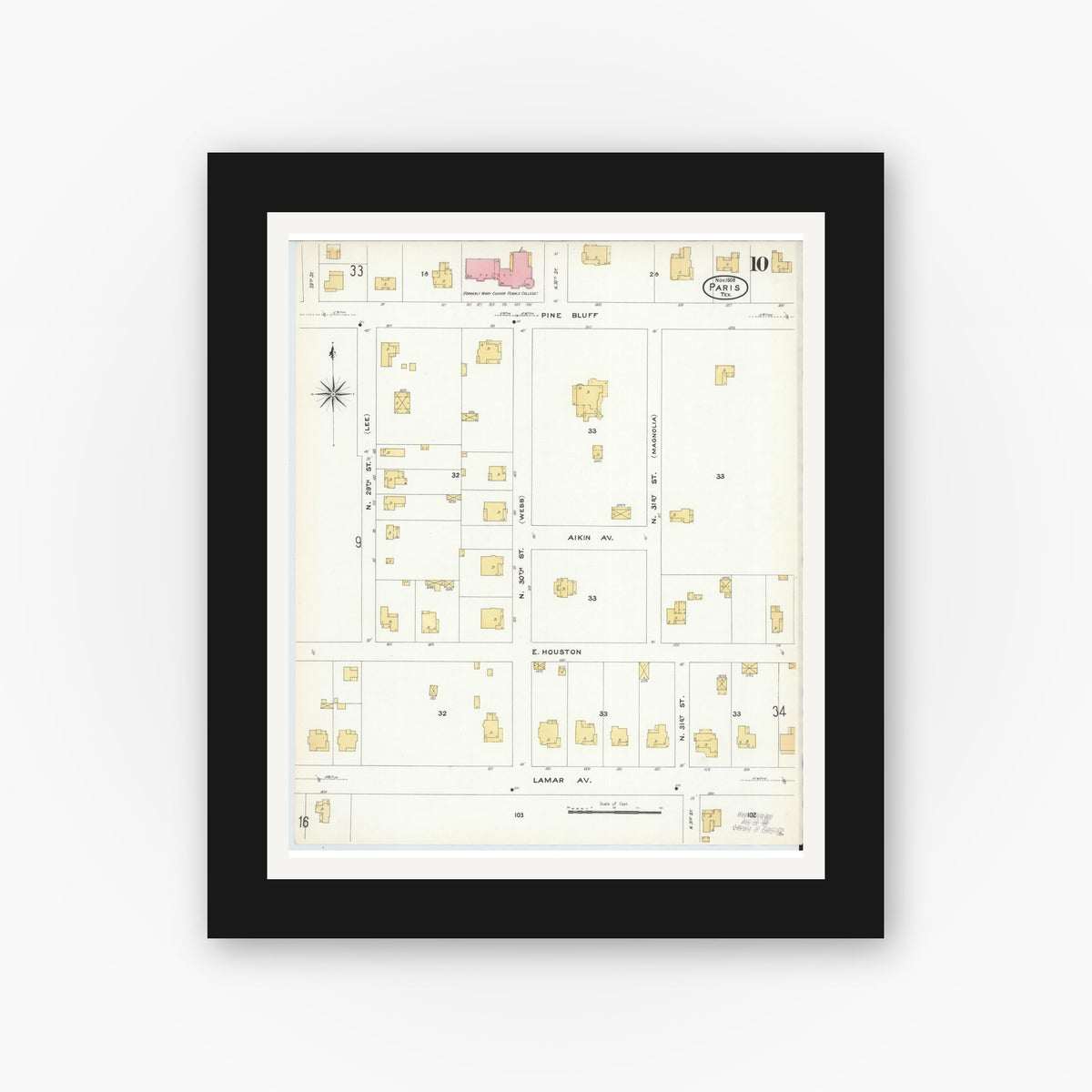 Old map wall art mockup — black gallery frame with white mat — Sanborn Fire Insurance Map from Paris, Lamar County, Texas (1908), Sheet #0010