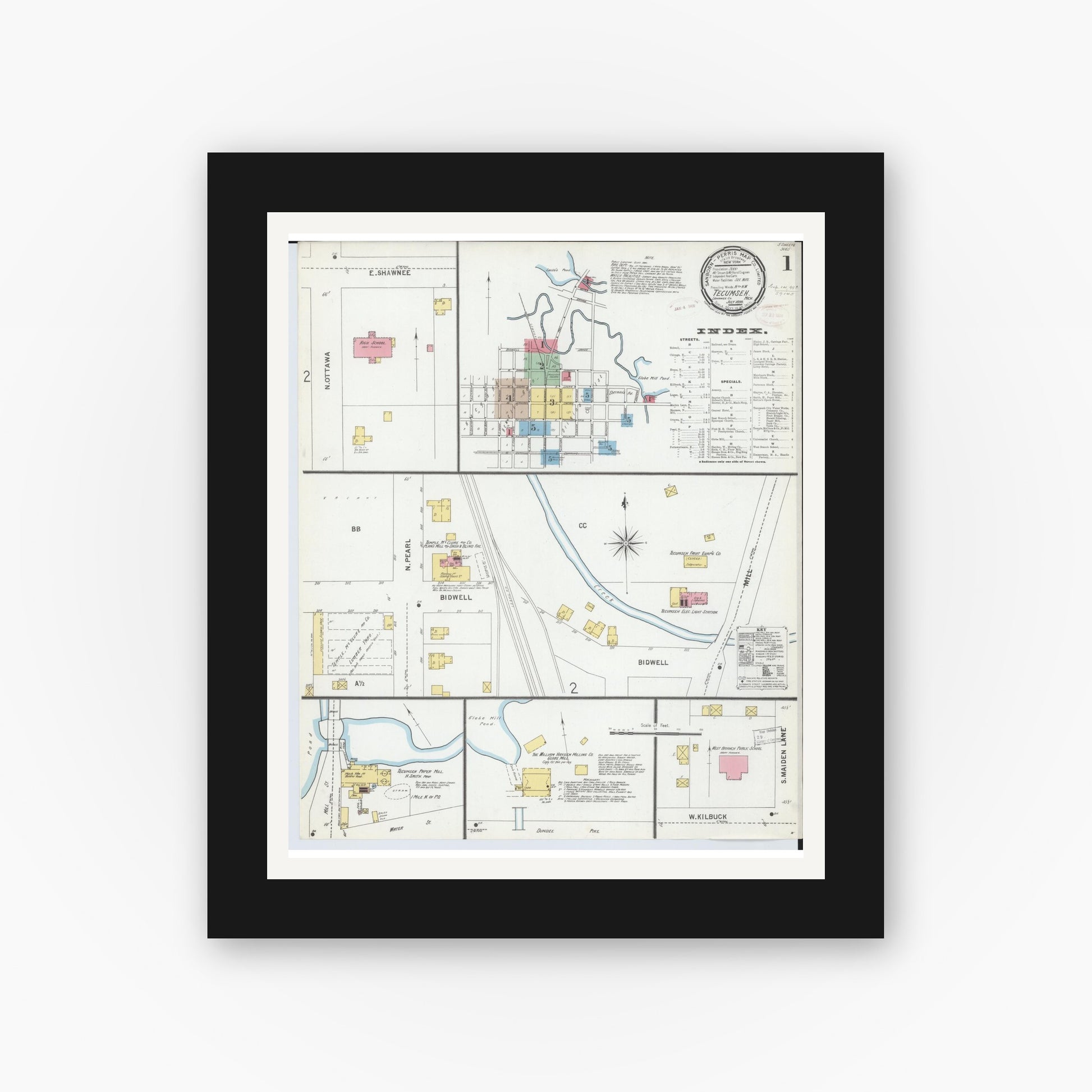 Old map wall art mockup — black gallery frame with white mat — Sanborn Fire Insurance Map from Tecumseh, Lenawee County, Michigan (1899) - Complete Map Set