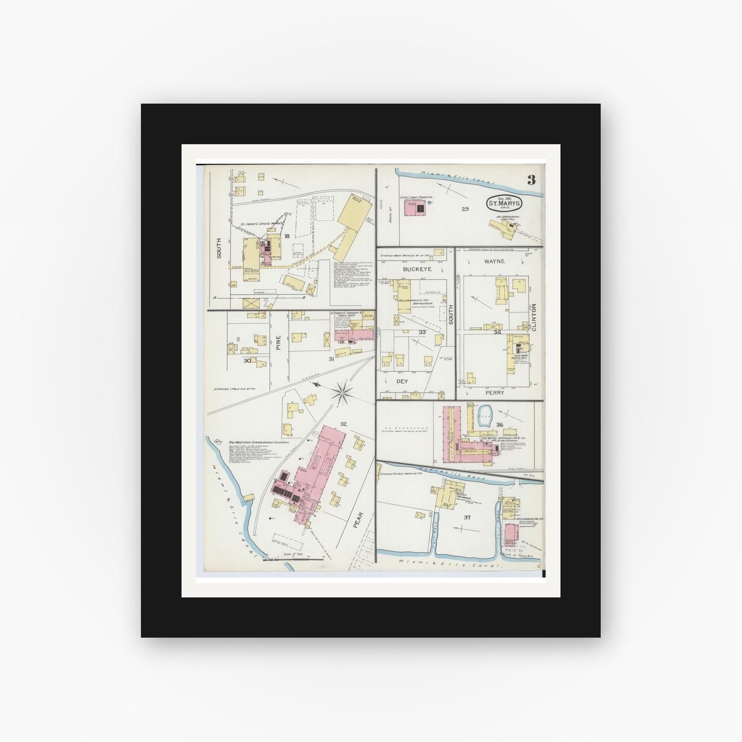 Old map wall art mockup — black gallery frame with white mat — Sanborn Fire Insurance Map from Saint Marys, Auglaize County, Ohio (1892), Sheet #0003