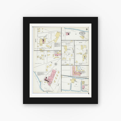 Old map wall art mockup — black gallery frame with white mat — Sanborn Fire Insurance Map from Saint Marys, Auglaize County, Ohio (1892), Sheet #0003