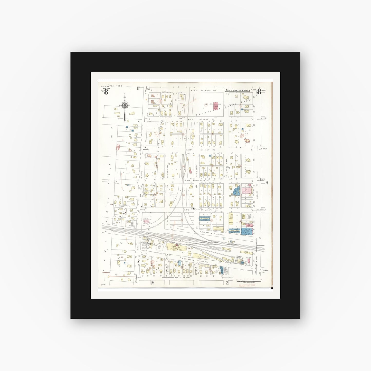 Old map wall art mockup — black gallery frame with white mat — Sanborn Fire Insurance Map from Spencer, Clay County, Iowa (1946), Sheet #0008