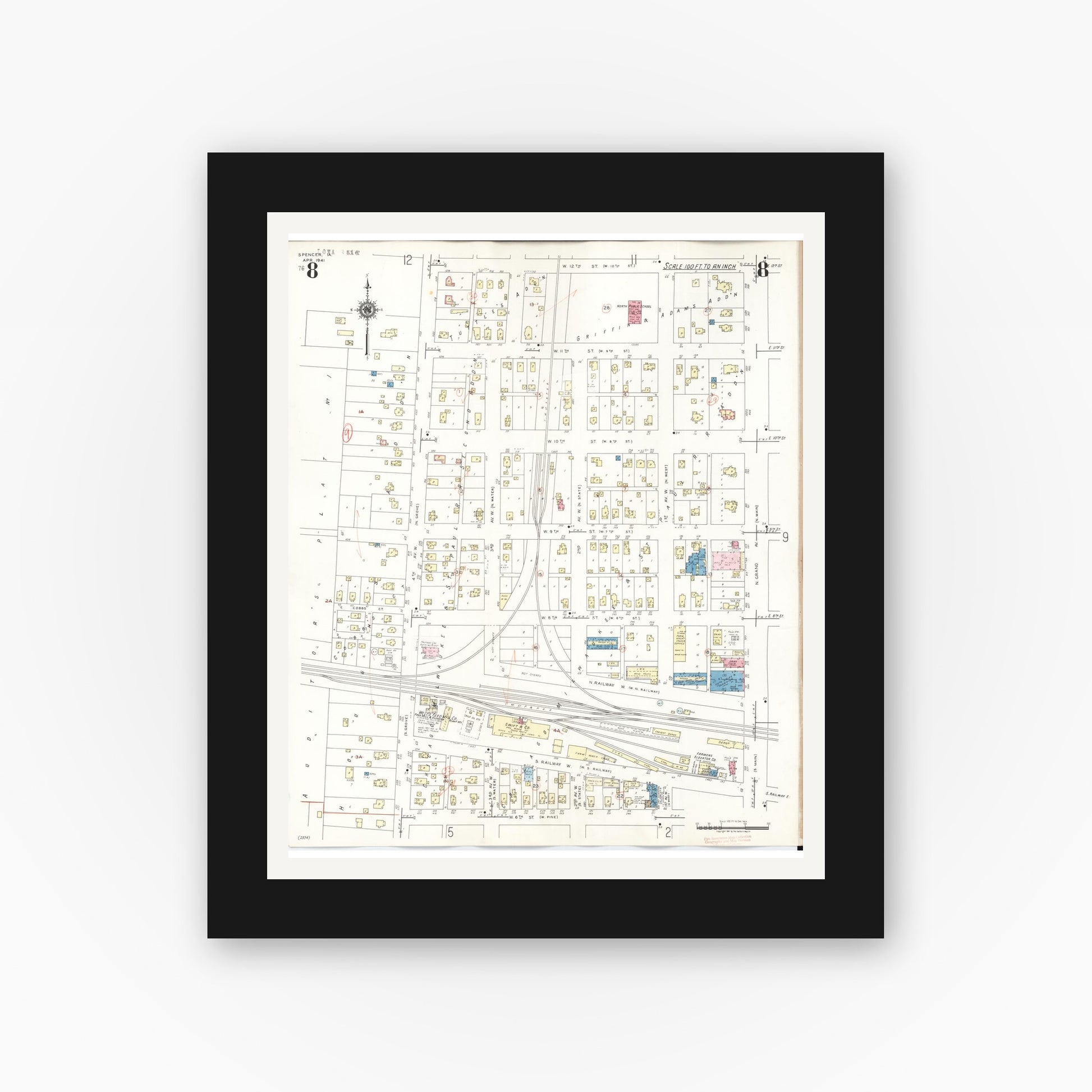 Old map wall art mockup — black gallery frame with white mat — Sanborn Fire Insurance Map from Spencer, Clay County, Iowa (1946), Sheet #0008