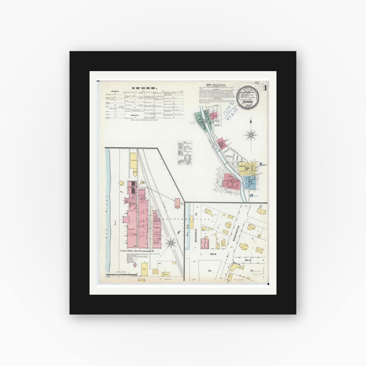 Old map wall art mockup — black gallery frame with white mat — Sanborn Fire Insurance Map from Dundee, Kane County, Illinois (1898) - Complete Map Set