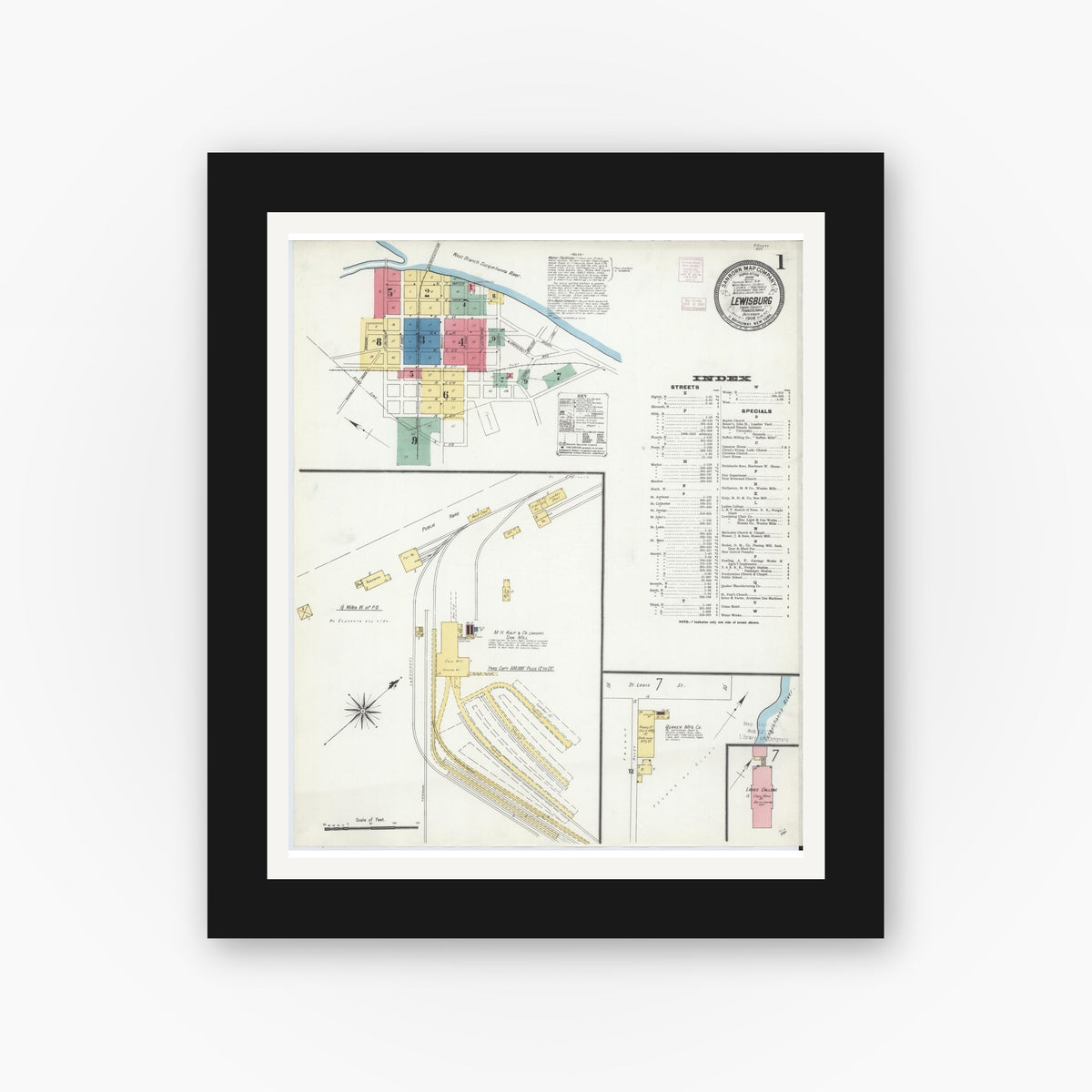 Old map wall art mockup — black gallery frame with white mat — Sanborn Fire Insurance Map from Lewisburg, Union County, Pennsylvania (1906) - Complete Map Set