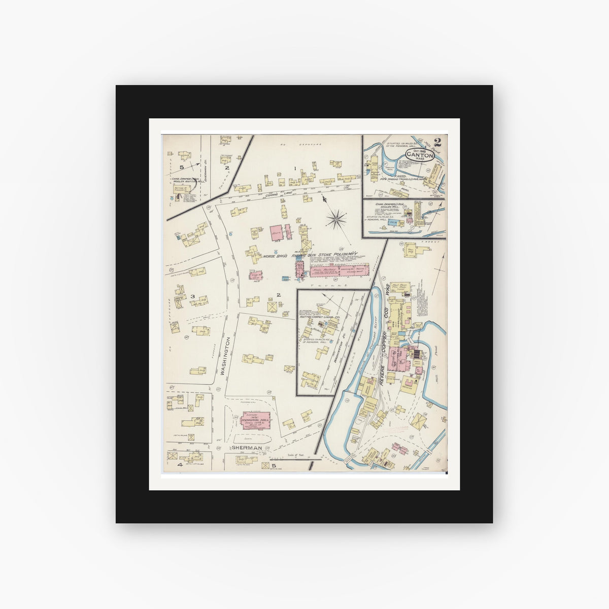 Old map wall art mockup — black gallery frame with white mat — Sanborn Fire Insurance Map from Canton, Norfolk County, Massachusetts (1885), Sheet #0002