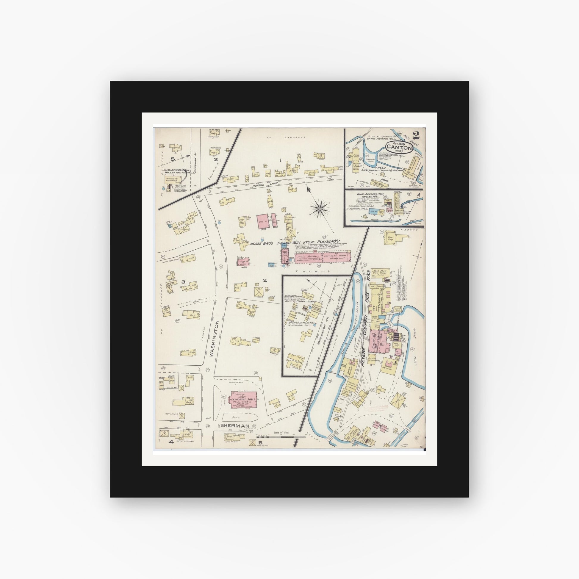 Old map wall art mockup — black gallery frame with white mat — Sanborn Fire Insurance Map from Canton, Norfolk County, Massachusetts (1885), Sheet #0002