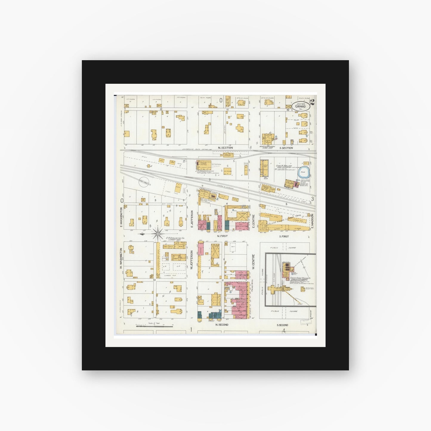 Old map wall art mockup — black gallery frame with white mat — Sanborn Fire Insurance Map from Girard, Macoupin County, Illinois (1906), Sheet #0002