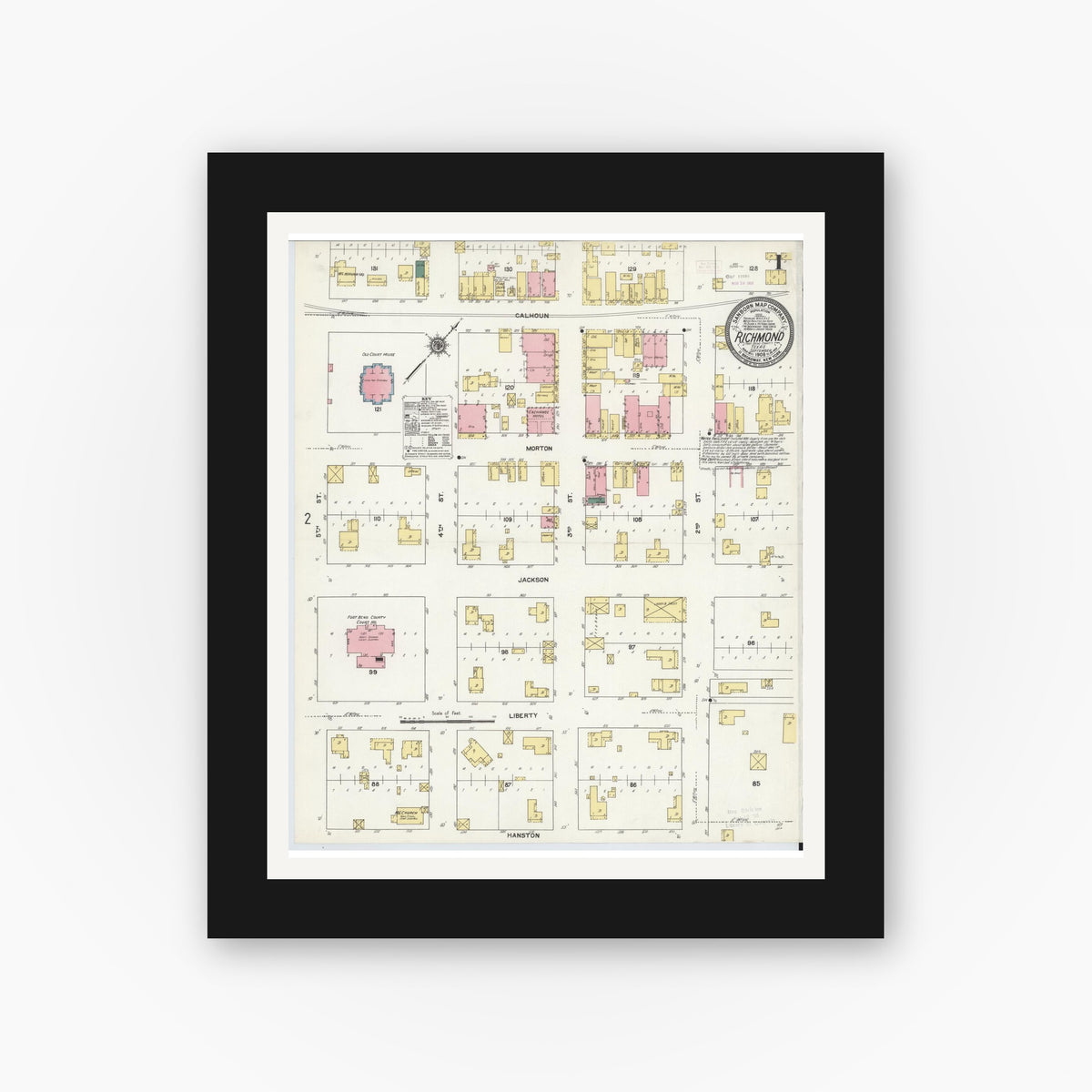 Old map wall art mockup — black gallery frame with white mat — Sanborn Fire Insurance Map from Richmond, Fort Bend County, Texas (1909) - Complete Map Set