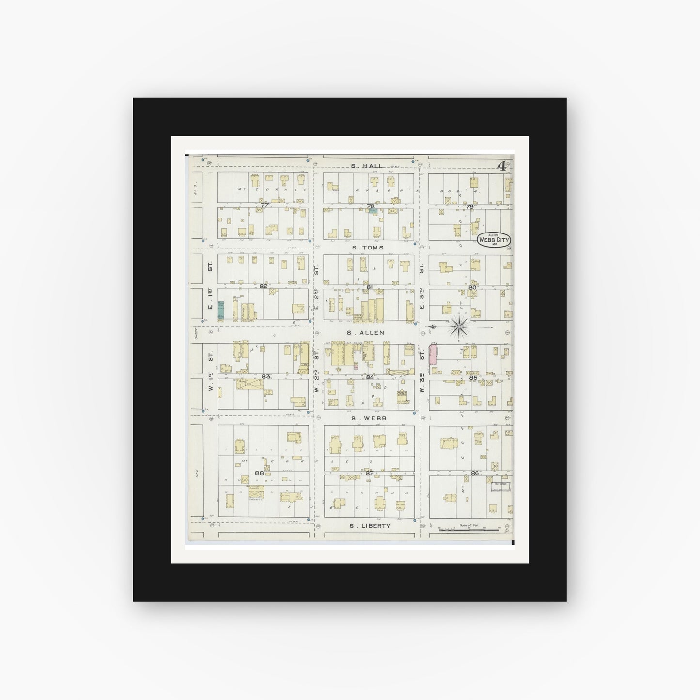 Old map wall art mockup — black gallery frame with white mat — Sanborn Fire Insurance Map from Webb City, Jasper County, Missouri (1891), Sheet #0004
