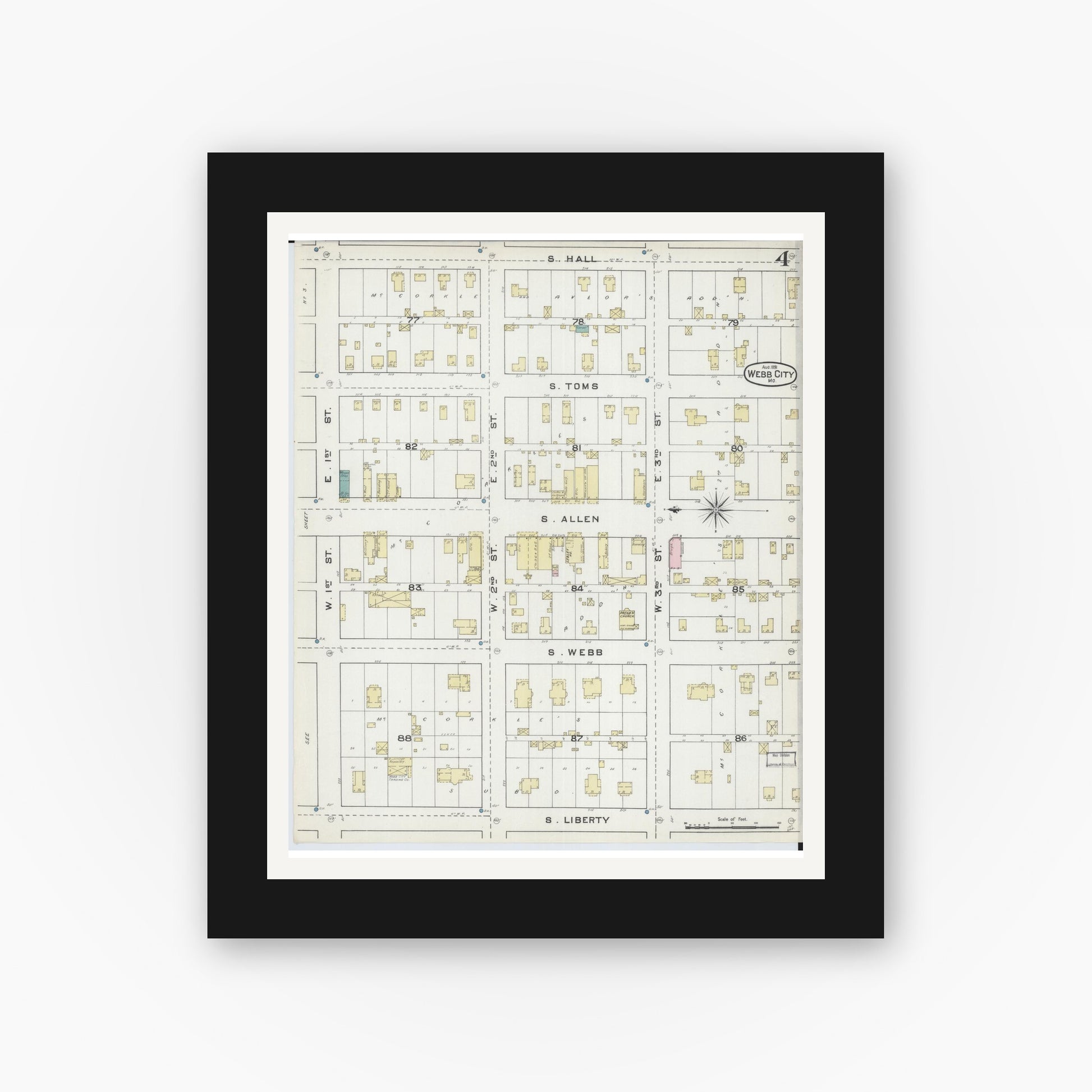 Old map wall art mockup — black gallery frame with white mat — Sanborn Fire Insurance Map from Webb City, Jasper County, Missouri (1891), Sheet #0004