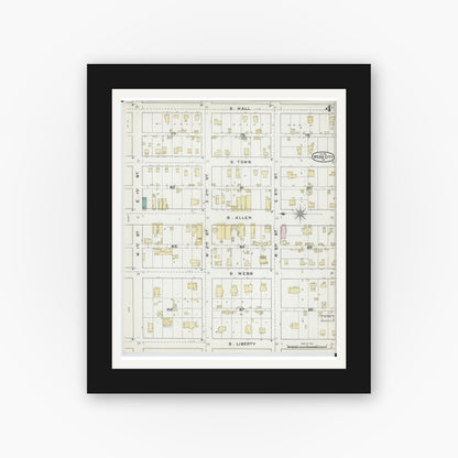 Old map wall art mockup — black gallery frame with white mat — Sanborn Fire Insurance Map from Webb City, Jasper County, Missouri (1891), Sheet #0004