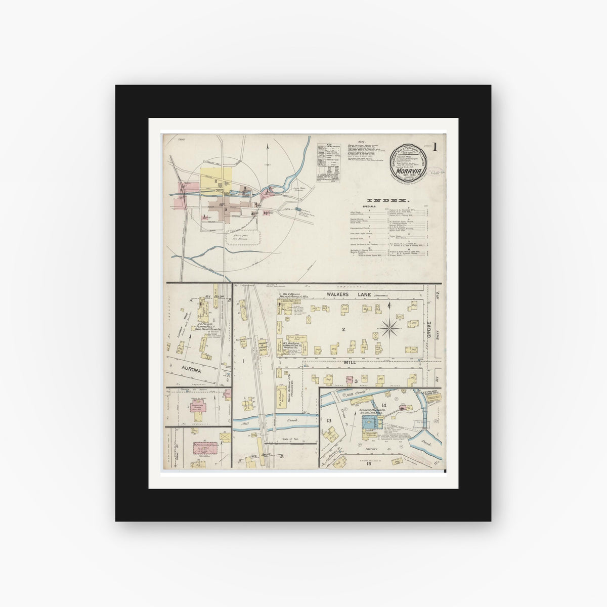 Old map wall art mockup — black gallery frame with white mat — Sanborn Fire Insurance Map from Moravia, Cayuga County, New York (1887), Sheet #0001