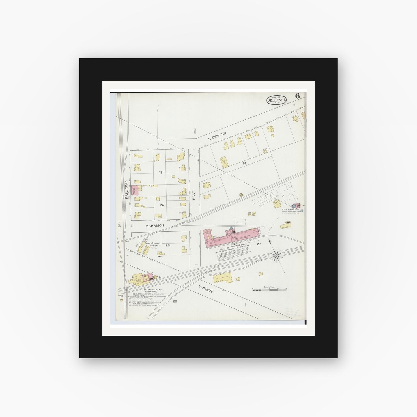Old map wall art mockup — black gallery frame with white mat — Sanborn Fire Insurance Map from Bellevue, Huron And Sandusky County, Ohio (1893), Sheet #0006