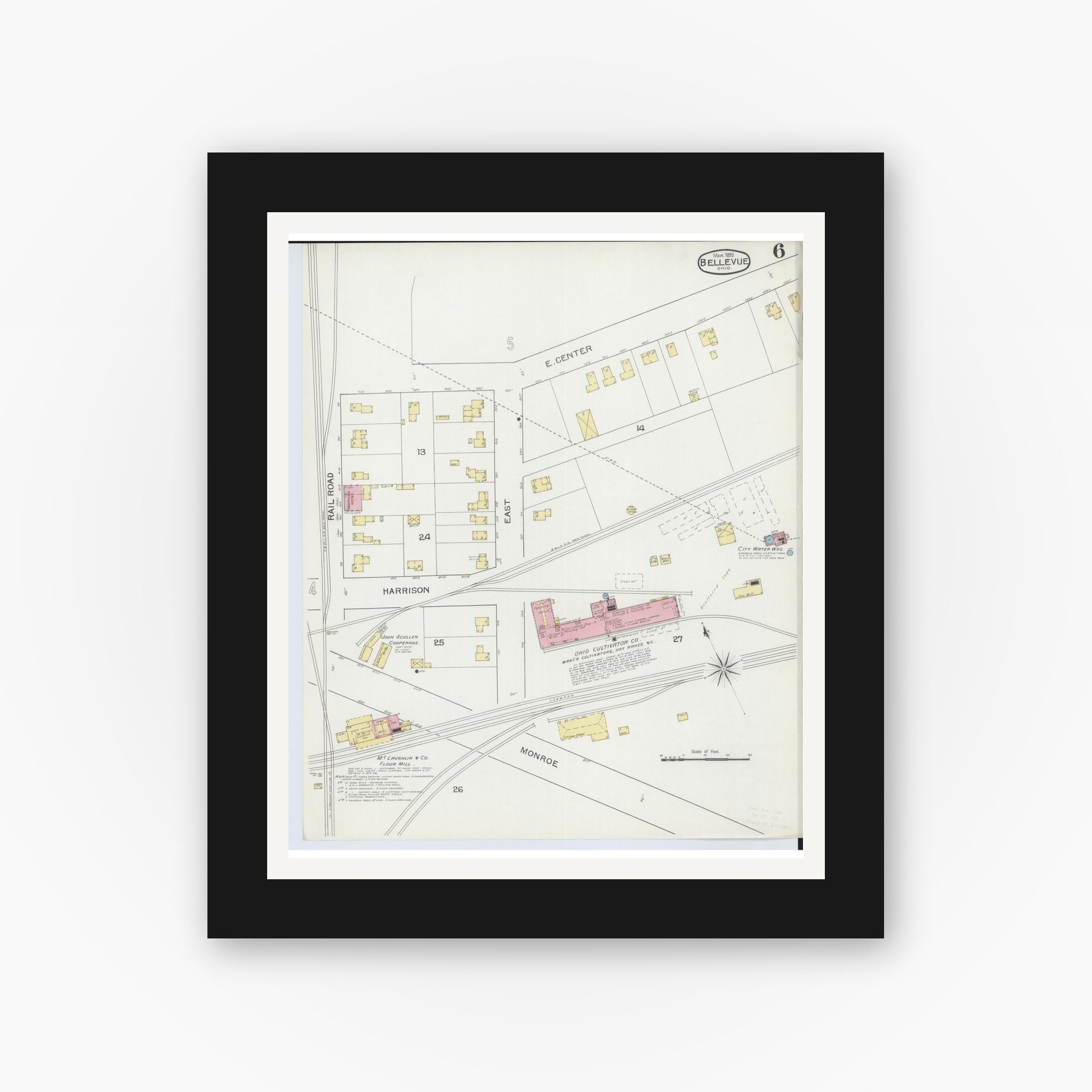 Old map wall art mockup — black gallery frame with white mat — Sanborn Fire Insurance Map from Bellevue, Huron And Sandusky County, Ohio (1893), Sheet #0006